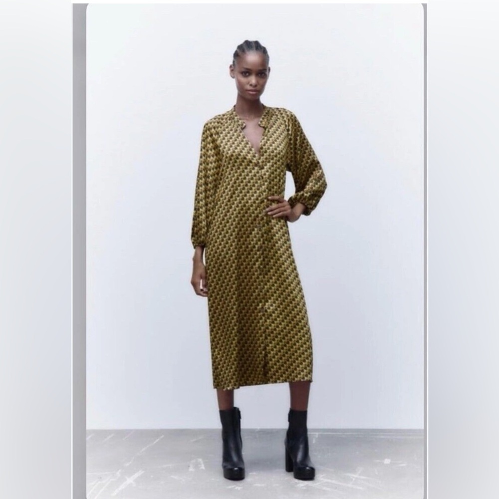 Zara Geometric Midi Shirt Dress Multicolored Sz XS